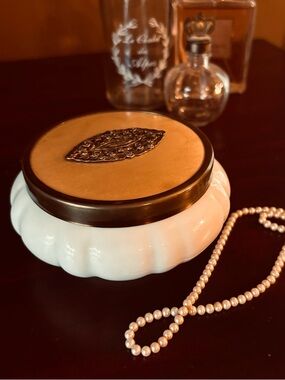 Vintage Matson Hollywood Regency Milk Glass Powder Jar Gold Lid Made in Japan